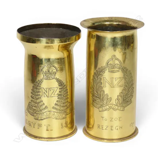 Two NZ engraved WWII brass shell case vases,