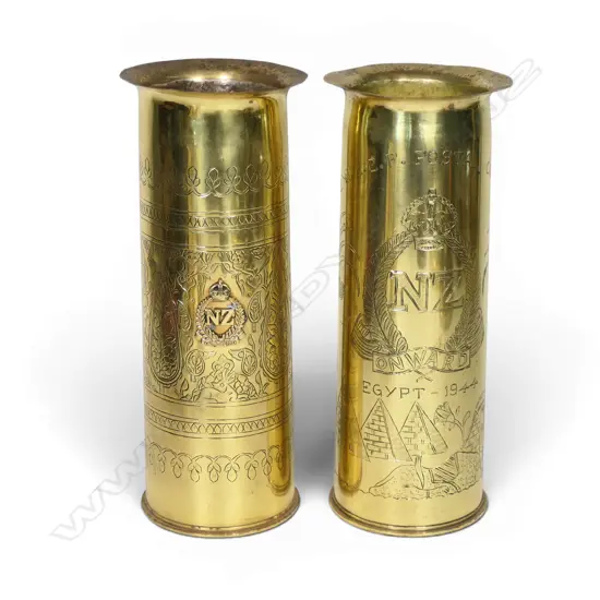 Four NZ engraved WWII brass shell case vases,
