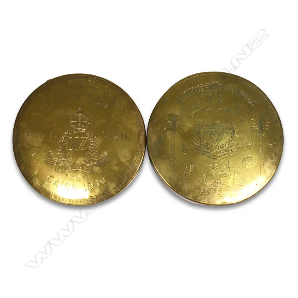Two NZ engraved WWII brass 'trench art' gongs, Image 1++
