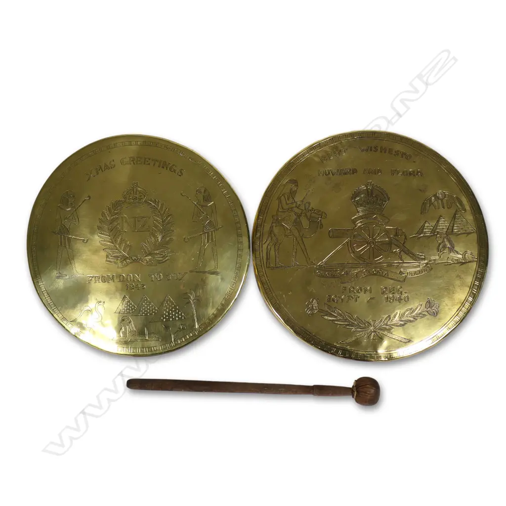Two NZ engraved WWII brass 'trench art' gongs, Image 1++