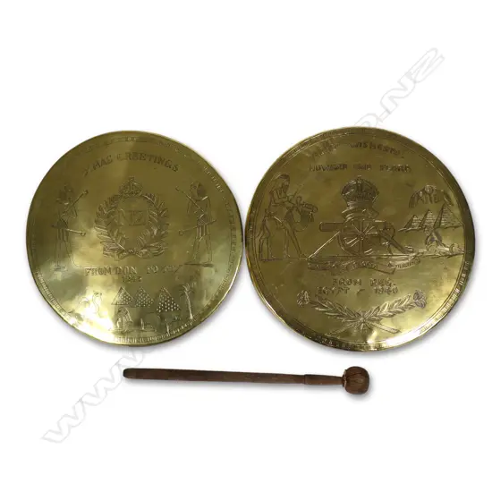 Two NZ engraved WWII brass 'trench art' gongs,