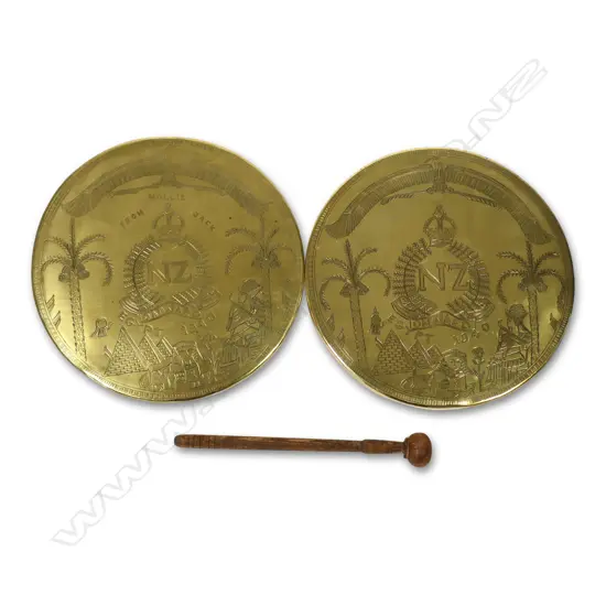 Two NZ engraved WWII brass 'trench art' gongs,