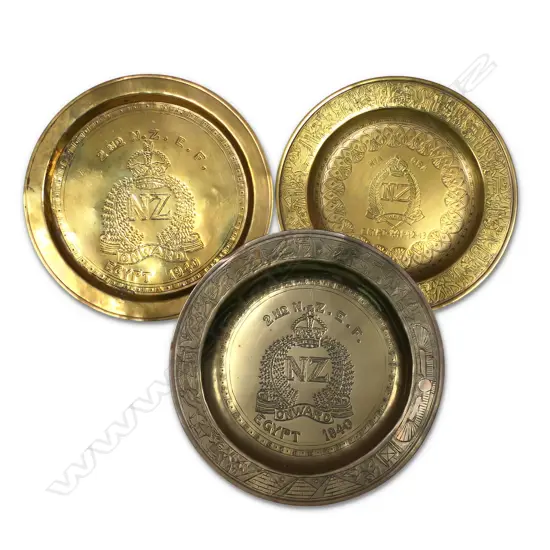 Three NZ engraved WWII brass 'trench art' plates,