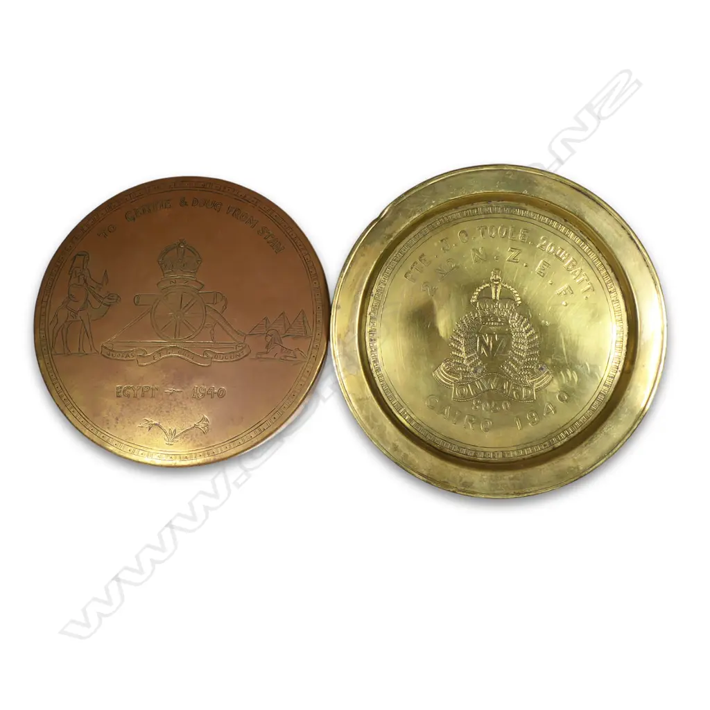 NZ engraved WWII brass 'trench art' plate and gong, Image 1++