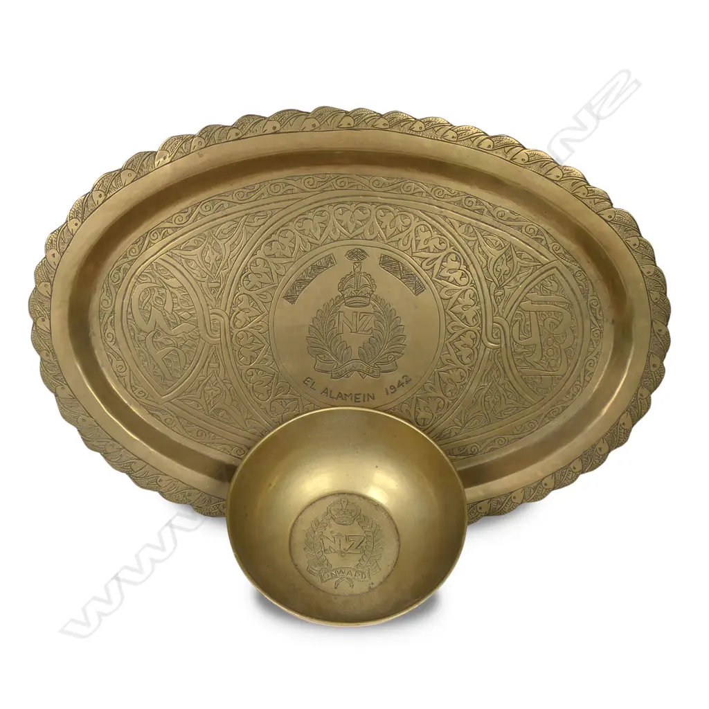 NZ engraved WWII brass 'trench art' dish & bowl, Image 1++