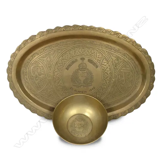 NZ engraved WWII brass 'trench art' dish & bowl,