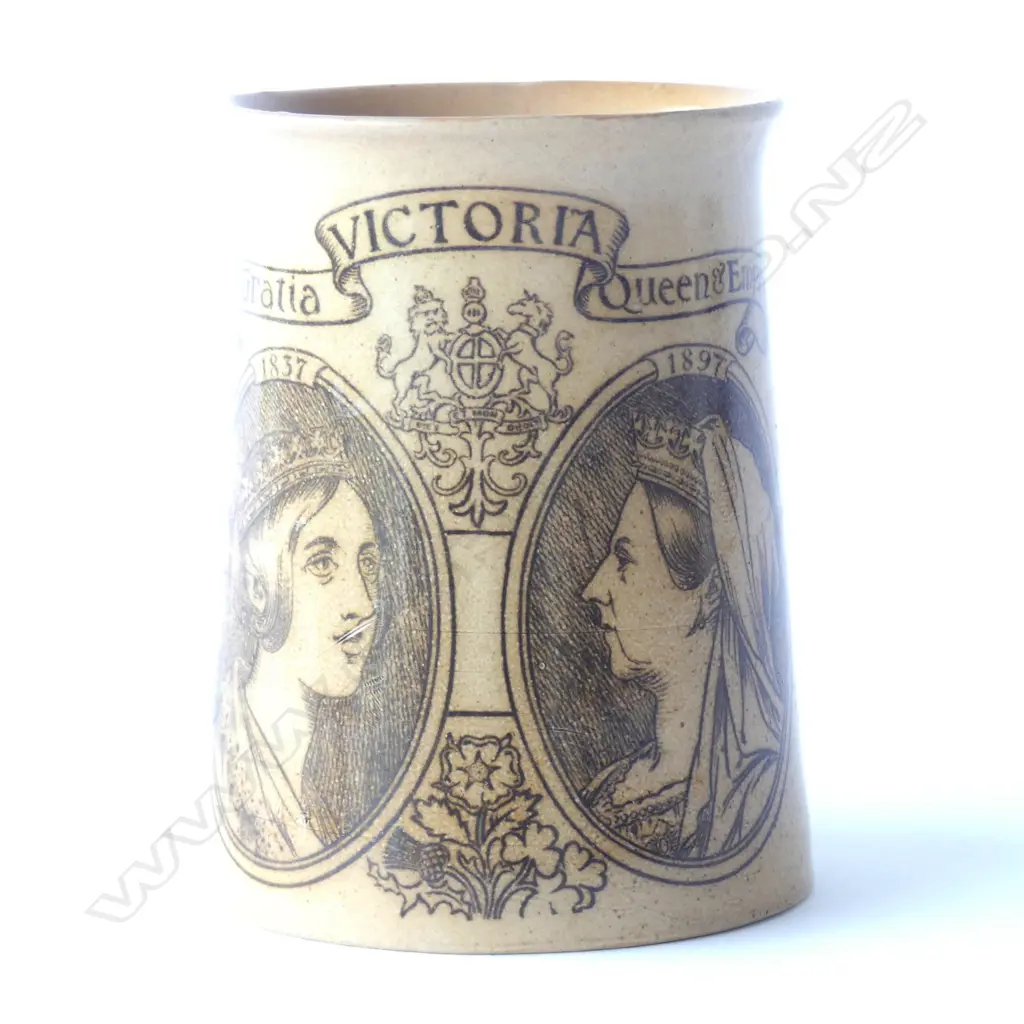 DOULTON LAMBETH MUG, 60TH ANN. "DEI GRATIA, VICTORIA, QUEEN & EMPRESS" (RESTORED RIM) H.110mm Image 1++
