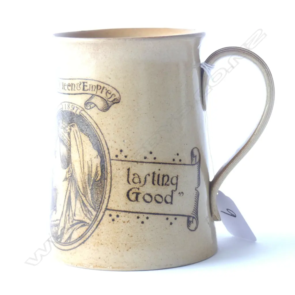 DOULTON LAMBETH MUG, 60TH ANN. "DEI GRATIA, VICTORIA, QUEEN & EMPRESS" (RESTORED RIM) H.110mm Image 1++