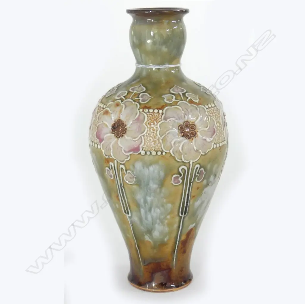 DOULTON LAMBETH ART NOUVEAU VASE DECORATED WITH FLOWERS BY ELIZA SIMMANCE & OTHERS (PROF. RESTORATION TO RIM) H.180mm Image 1++