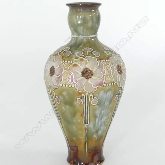DOULTON LAMBETH ART NOUVEAU VASE DECORATED WITH FLOWERS BY ELIZA SIMMANCE & OTHERS (PROF. RESTORATION TO RIM) H.180mm