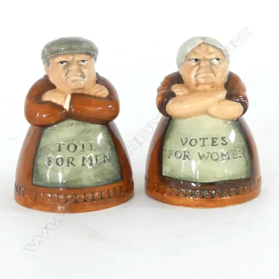 DOULTON SALT & PEPPER SHAKERS, "VOTES FOR WOMEN" & "TOIL FOR MEN" 1996, H.85mm