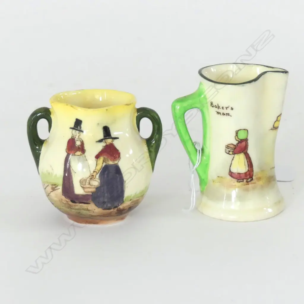 DOULTON MINIATURE WELSH LADIES VASE & "PAT A CAKE" JUG, (RESTORATION TO RIM) TALLEST 16mm. Image 1++