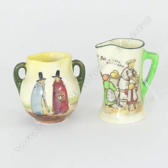 DOULTON MINIATURE WELSH LADIES VASE & "PAT A CAKE" JUG, (RESTORATION TO RIM) TALLEST 16mm.