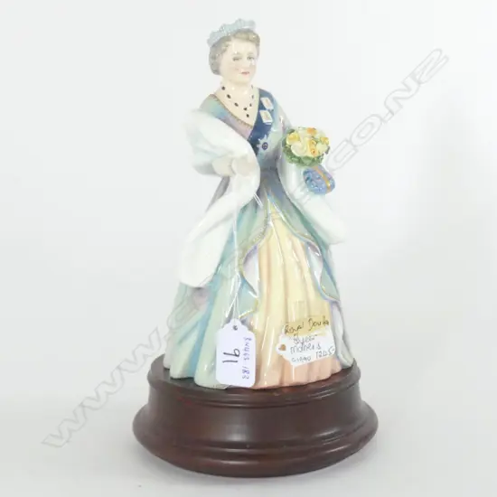 DOULTON FIG "QUEEN ELIZABETH QUEEN MOTHER" 90 BIRTHDAY 1990 LTD ED 2427/2500 SIGNED MICHAEL DOULTON H.250 ON WOOD STAND