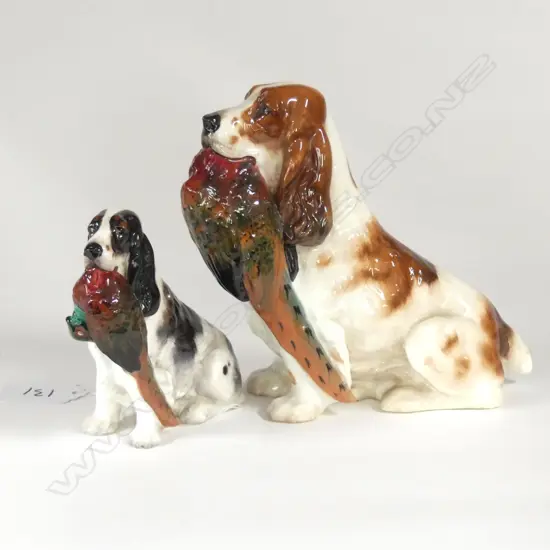 2 DOULTON SEATED COCKER SPANIELS WITH PHEASANTS, TALLEST H.135mm