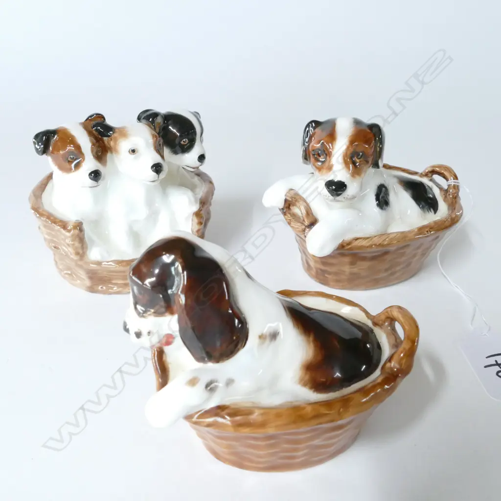 THREE DOULTON PUPPIES IN BASKETS, HN.2586, 2587, 2508, TALLEST H.80mm Image 1++