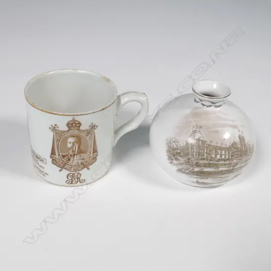 DOULTON NZ INTERNATIONAL EXHIBITION CHCH 1906-07 SMALL VASE + GEO.V CORONATION MUG