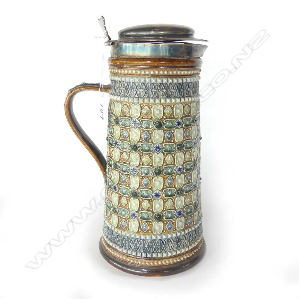 DOULTON LAMBETH STONEWARE ALE JUG w STERLING SILVER COLLAR AND COVER SHEFFIELD 1880 H.265mm Image 1++