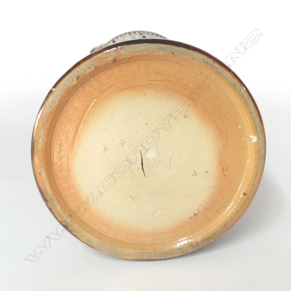 DOULTON LAMBETH STONEWARE ALE JUG w STERLING SILVER COLLAR AND COVER SHEFFIELD 1880 H.265mm Image 1++