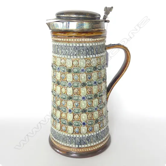 DOULTON LAMBETH STONEWARE ALE JUG w STERLING SILVER COLLAR AND COVER SHEFFIELD 1880 H.265mm