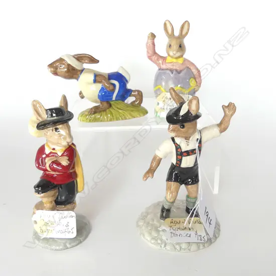 4 BUNNYKINS FIGURINES TYROLEAN DANCER, CAVALIER, EASTER SUPRISE, JOGGING