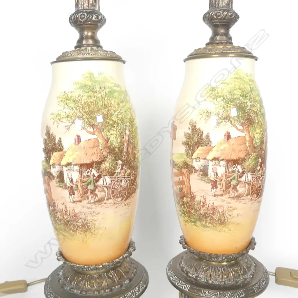 PAIR DOULTON SERIES WARE "TOLL HOUSE" VASE BASED TABLE LAMPS WITH BRASS FITTINGS H.610mm including lamp holders Image 1++