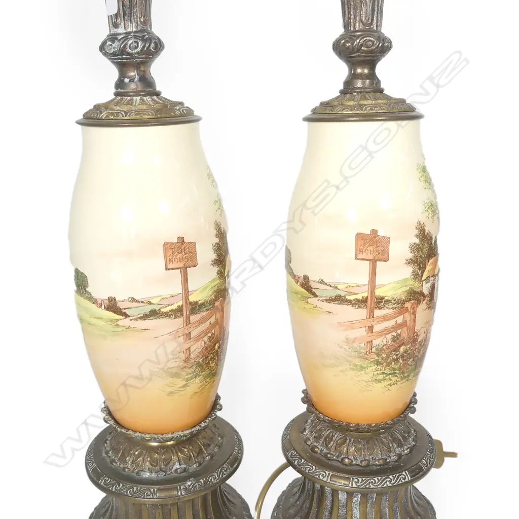 PAIR DOULTON SERIES WARE "TOLL HOUSE" VASE BASED TABLE LAMPS WITH BRASS FITTINGS H.610mm including lamp holders Image 1++