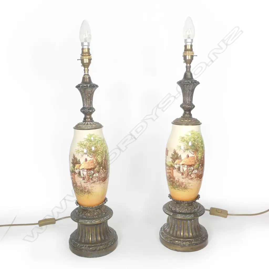 PAIR DOULTON SERIES WARE "TOLL HOUSE" VASE BASED TABLE LAMPS WITH BRASS FITTINGS H.610mm including lamp holders Image 1++