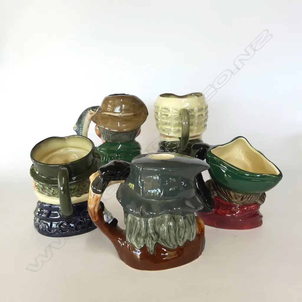 3 DOULTON MED CHARACTER JUGS & 2 CHARACTER DECANTERS Image 1++