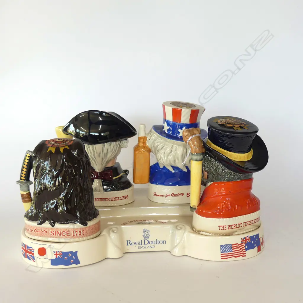 4 DOULTON JIM BEAM CHARACTER WHISKY DECANTERS ON DISPLAY STAND  Image 1++