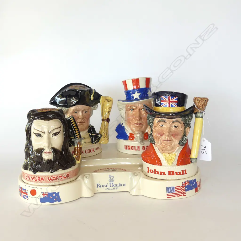 4 DOULTON JIM BEAM CHARACTER WHISKY DECANTERS ON DISPLAY STAND  Image 1++