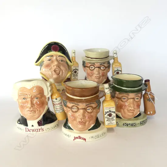 5 DOULTON ADVERTISING MED CHARACTER JUGS FOR JIM BEAM/DEWARS ETC