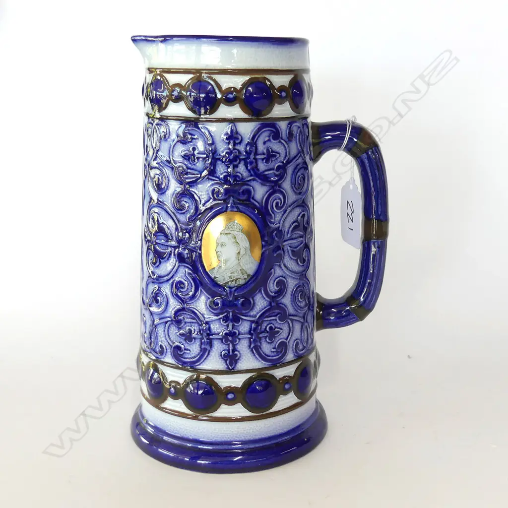 DOULTON BURSLEM "SYDENHAM" JUG RELIEF MOULDED AND WITH PORTRAITS OF QUEEN VICTORIAN EITHER SIDE H.205mm Image 1++