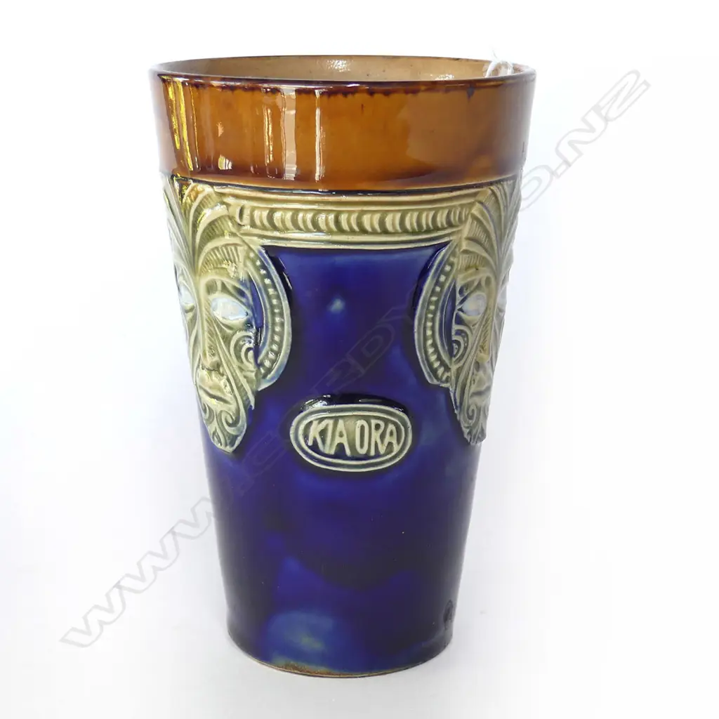 DOULTON MAORI ART TALL BEAKER WITH 3 TIKI FACES & KIA ORA PLAQUES H.135mm Image 1++