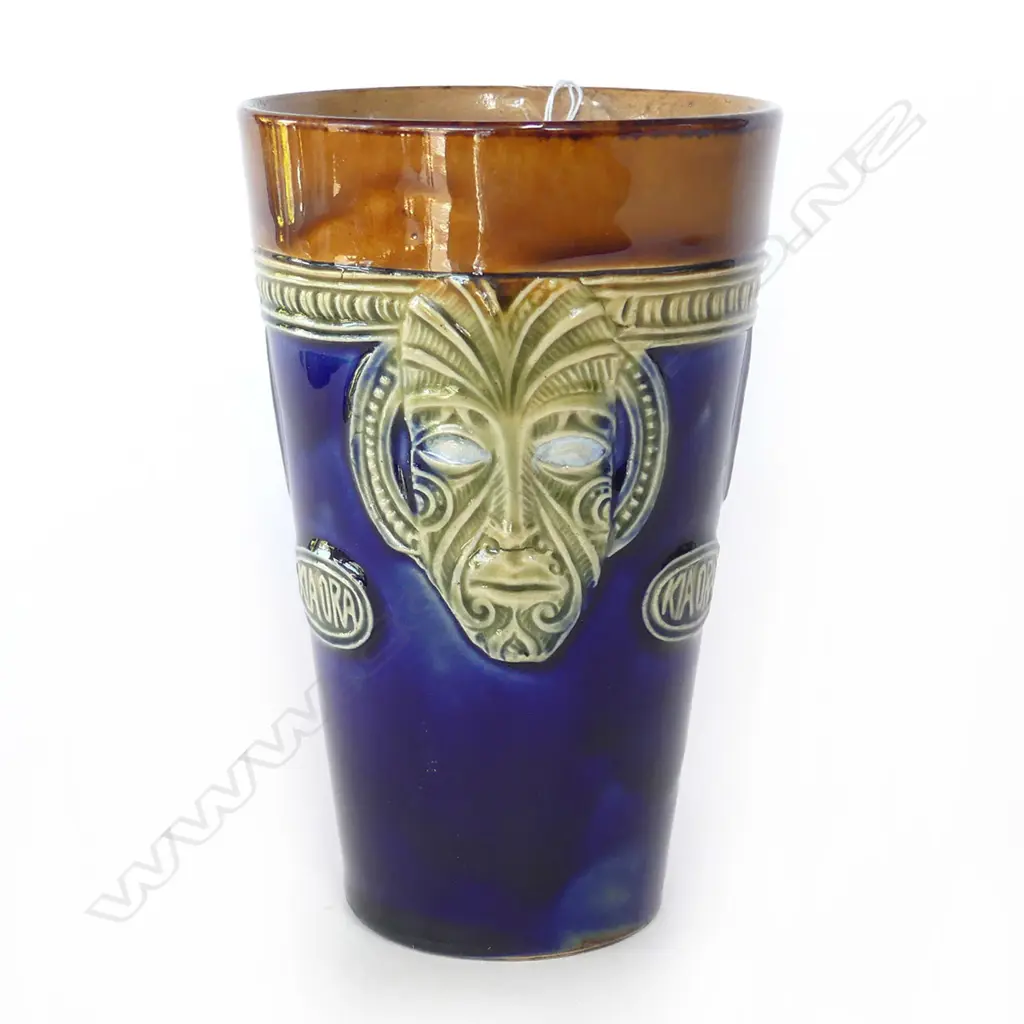 DOULTON MAORI ART TALL BEAKER WITH 3 TIKI FACES & KIA ORA PLAQUES H.135mm Image 1++