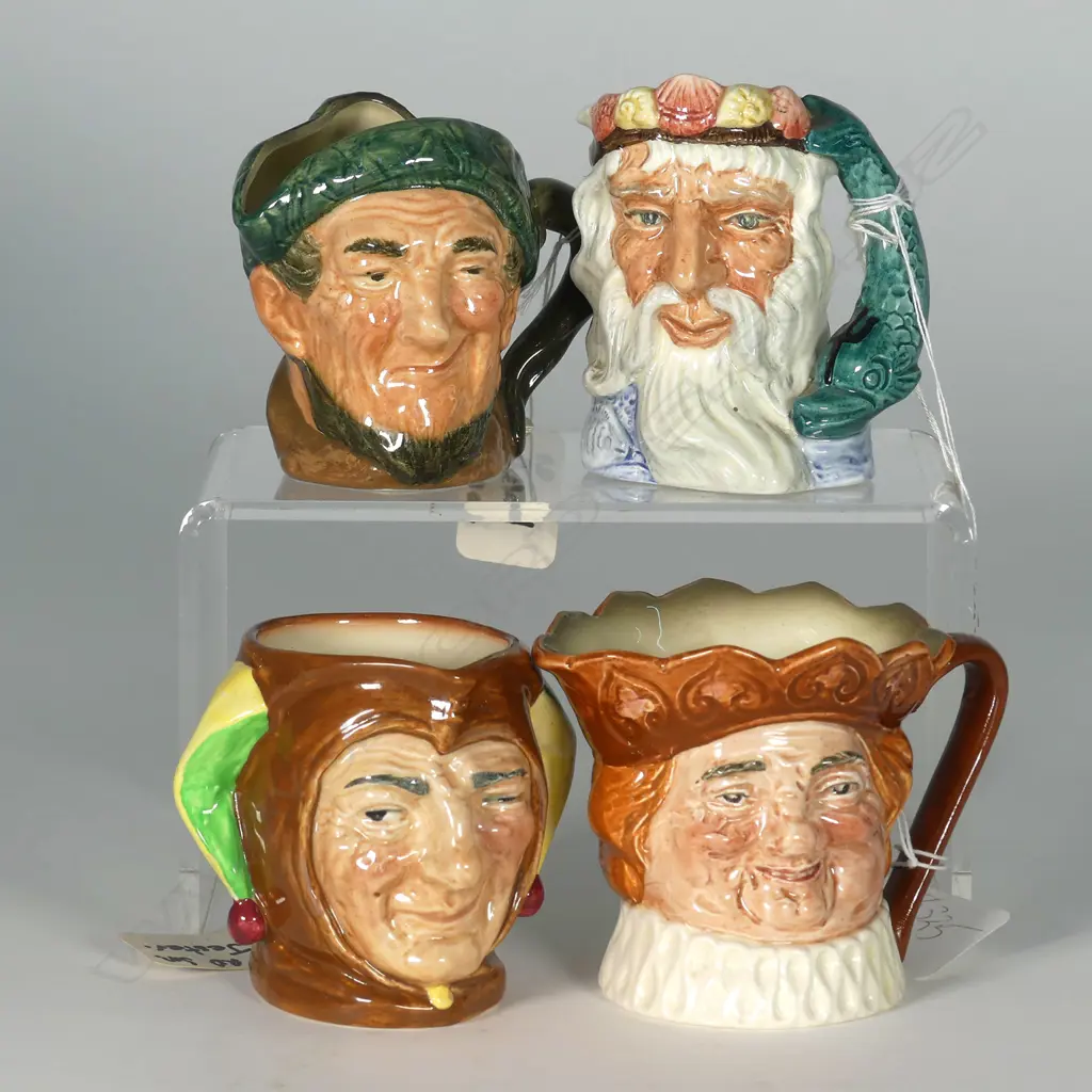4 SMALL DOULTON CHARACTER JUGS: NEPTUNE, JESTER, AULD MAC, OLD KING COLE Image 1++