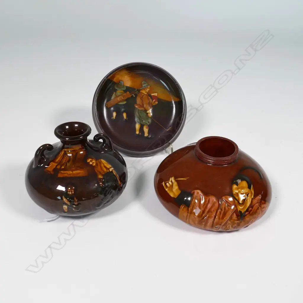 DOULTON KINGSWARE WAX VESTA HOLDER (AF)  SQUAT CIRCULAR VASE & GOLFERS "YE 19TH HOLE" SMALL TRAY D.115mm. Image 1++
