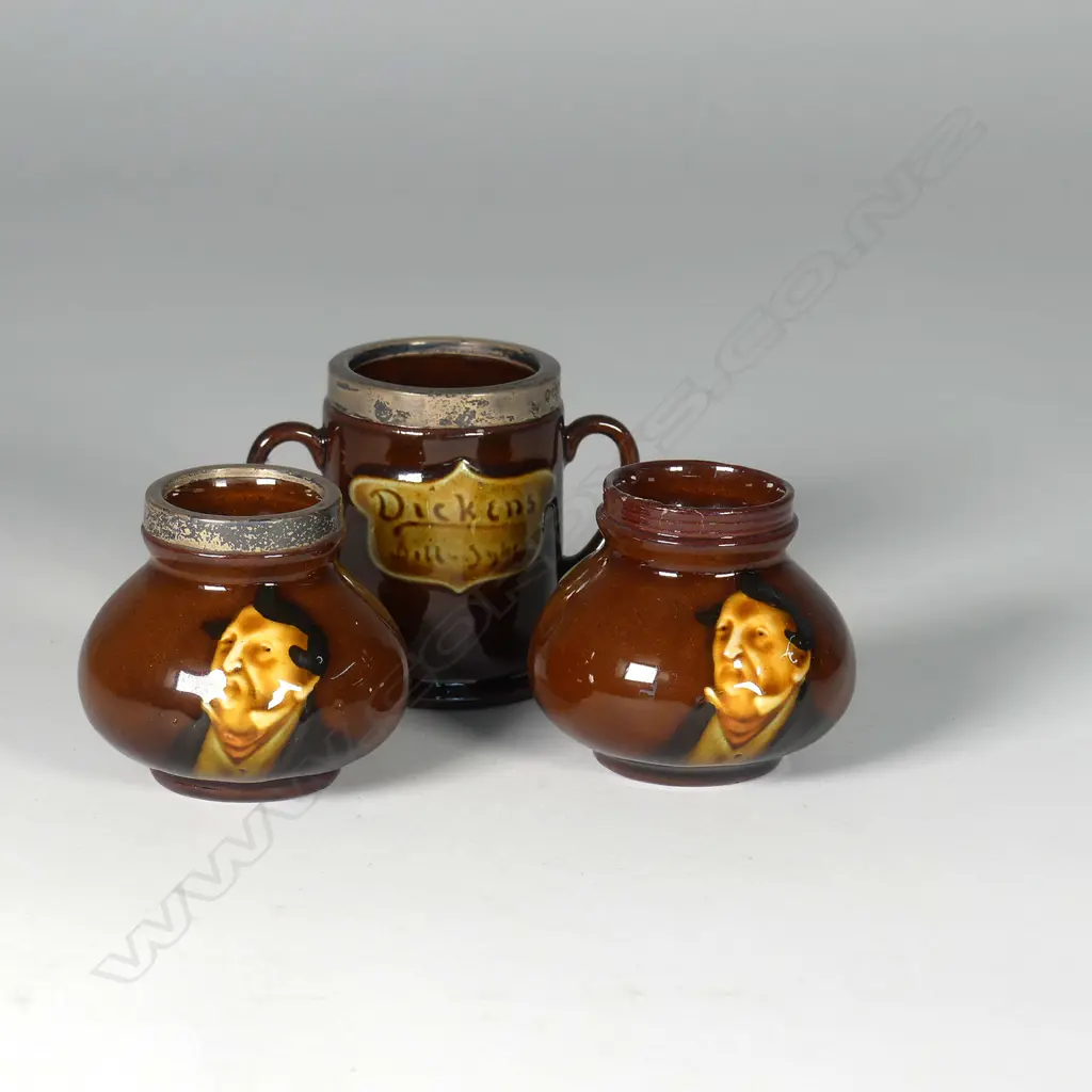 DOULTON MINIATURE KINGSWARE LOVING CUP "BILL SYKES" w SILVER RIM & 2 MINI PECKSNIF VASES Image 1++