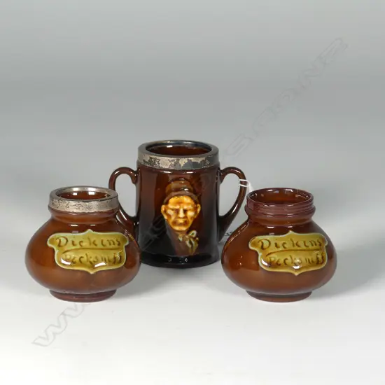 DOULTON MINIATURE KINGSWARE LOVING CUP "BILL SYKES" w SILVER RIM & 2 MINI PECKSNIF VASES