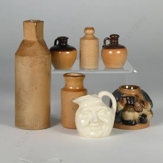 7 SMALL DOULTON LAMBETH PIECES, INK BOTTLE, INKWELL (NO TOP), MINI VASES