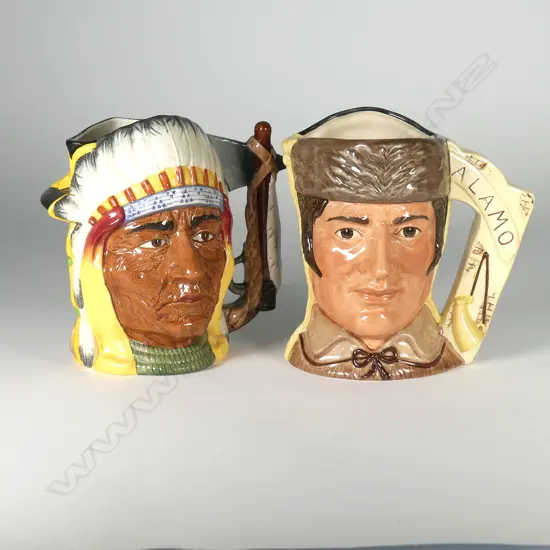 2 LARGE DOULTON DOUBLE FACE CHARACTER JUGS; DAVEY CROCKETT/ANTONIO LOPEZ & CUSTER/SITTING BULL