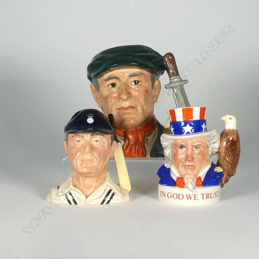 3 LARGE DOULTON CHARACTER JUG:  LITTLE MESTER MUSEUM PIECE & UNCLE SAM JIM BEAM JUG & CRICKETER C.C. Image 1++