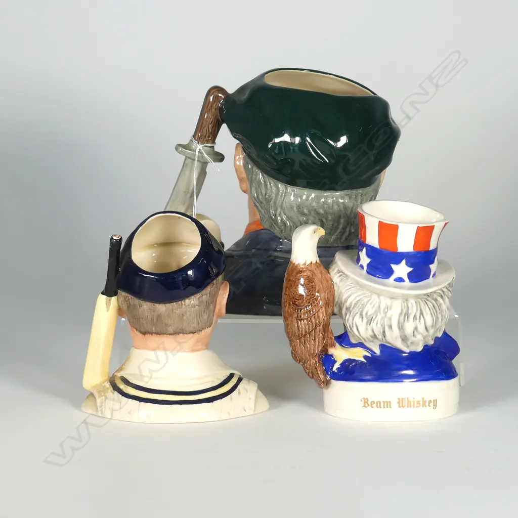3 LARGE DOULTON CHARACTER JUG:  LITTLE MESTER MUSEUM PIECE & UNCLE SAM JIM BEAM JUG & CRICKETER C.C. Image 1++