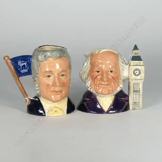 2 SMALL DOULTON CHARACTER JUGS: JOHN DOULTON & SIR HENRY DOULTON/MICHAEL DOULTON SGNED BY MICHAEL DOULTON
