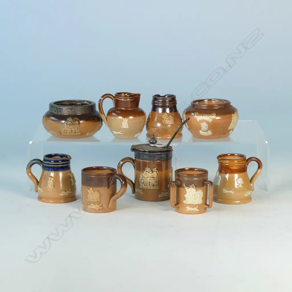 6 MINIATURE DOULTON LAMBETH STONEWARE JUGS, MUGS, LOVING CUP, MUSTARD, 2 SALTS (9) Image 1++