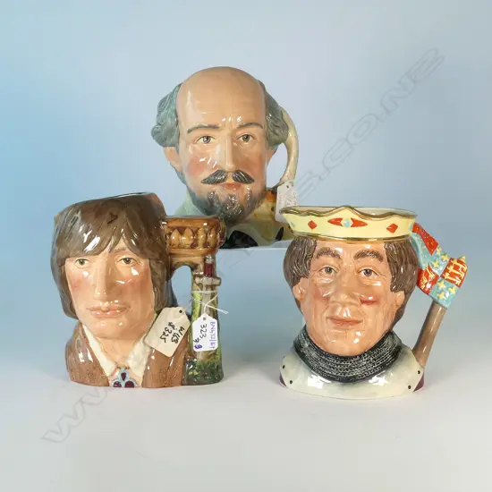 3 LARGE DOULTON CHARACTER JUGS; WILLIAM SHAKESPEARE, ROMEO, HENRY V