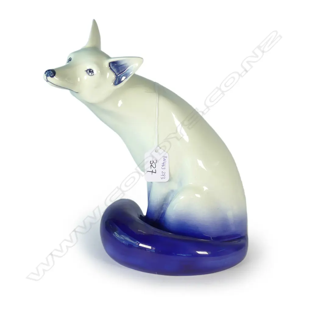 VERY RARE LARGE DOULTON BLUE & WHITE FLAMBE SEATED FOX H.240mm Image 1++