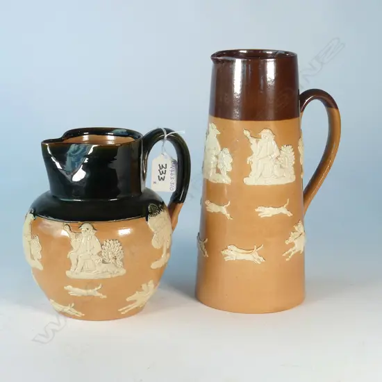 DOULTON STONEWARE HUNTING JUG & TALL PITCHER (minute rim chip) H.230mm
