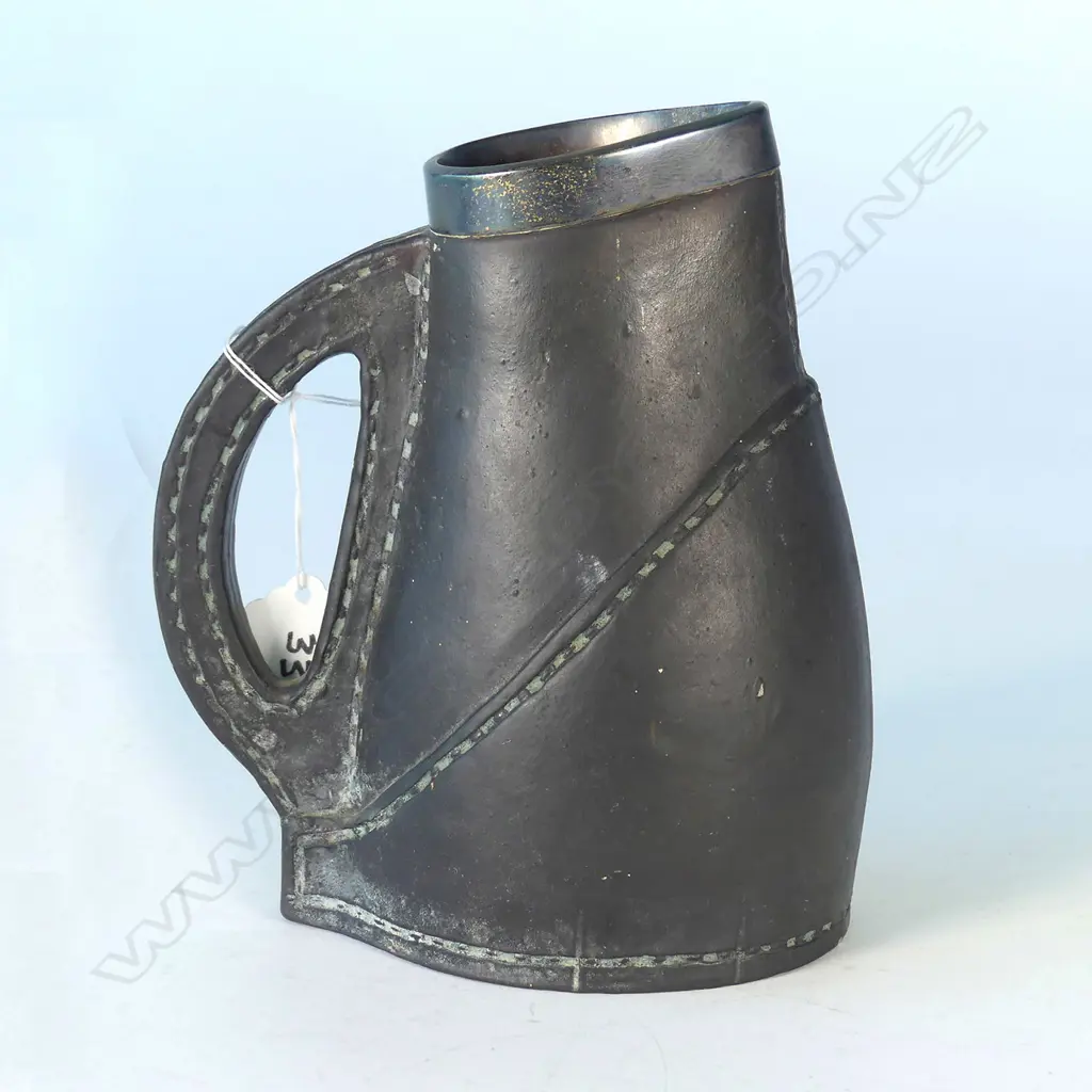 DOULTON 'STITCHED LEATHER' JUG WITH STERLING SILVER COLLAR (CHESTER 1912) H.160mm Image 1++