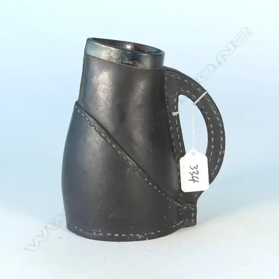 DOULTON 'STITCHED LEATHER' JUG WITH STERLING SILVER COLLAR (CHESTER 1912) H.160mm